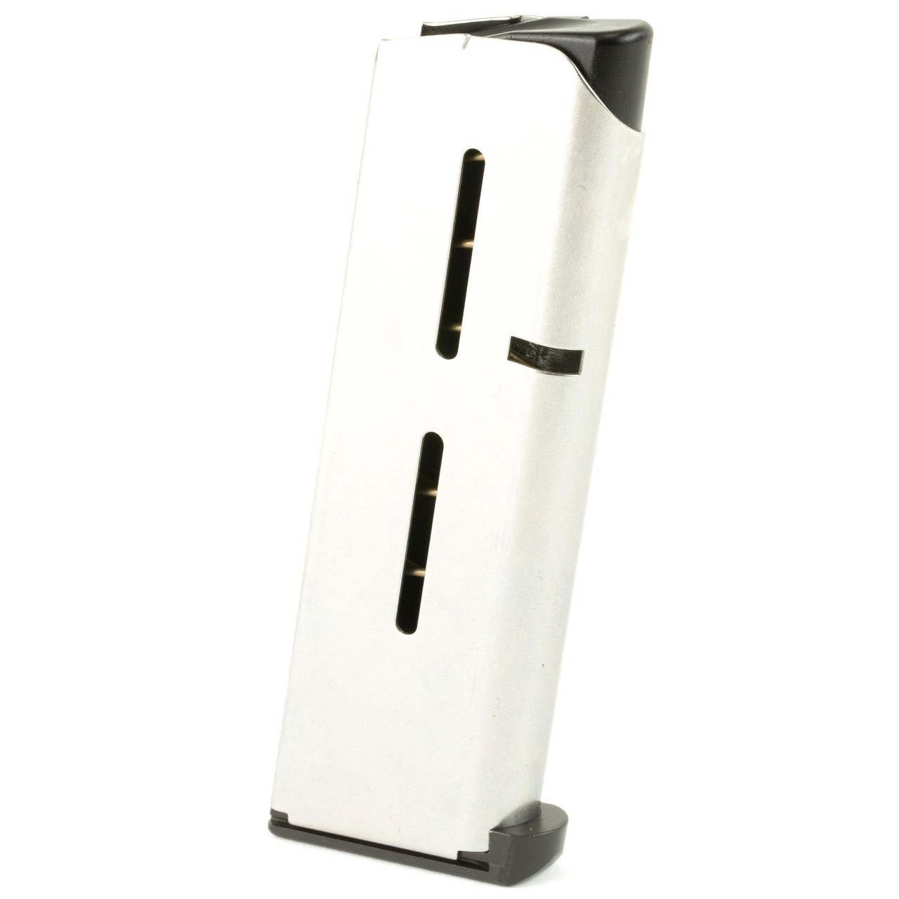 Wilson Combat 47OXC, firearm magazine, stainless steel with black base and window to view ammunition count.