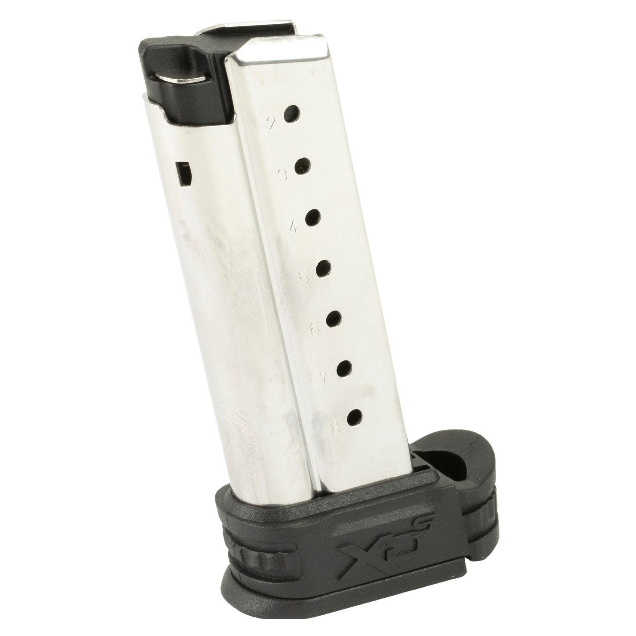Springfield XDS0908 Factory Magazine - 8-Round Stainless Steel for Optimal Performance & Durability, display of a stainless steel firearm magazine with capacity markings from 7 to 8 rounds and a black plastic base.