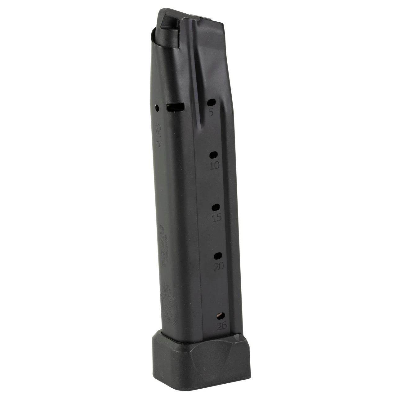 Springfield PH6926 26-Round 1911 DS Magazine, a durable stainless steel magazine with black finish, featuring capacity markings from 5 to 26 rounds for enhanced performance and cross-compatibility.