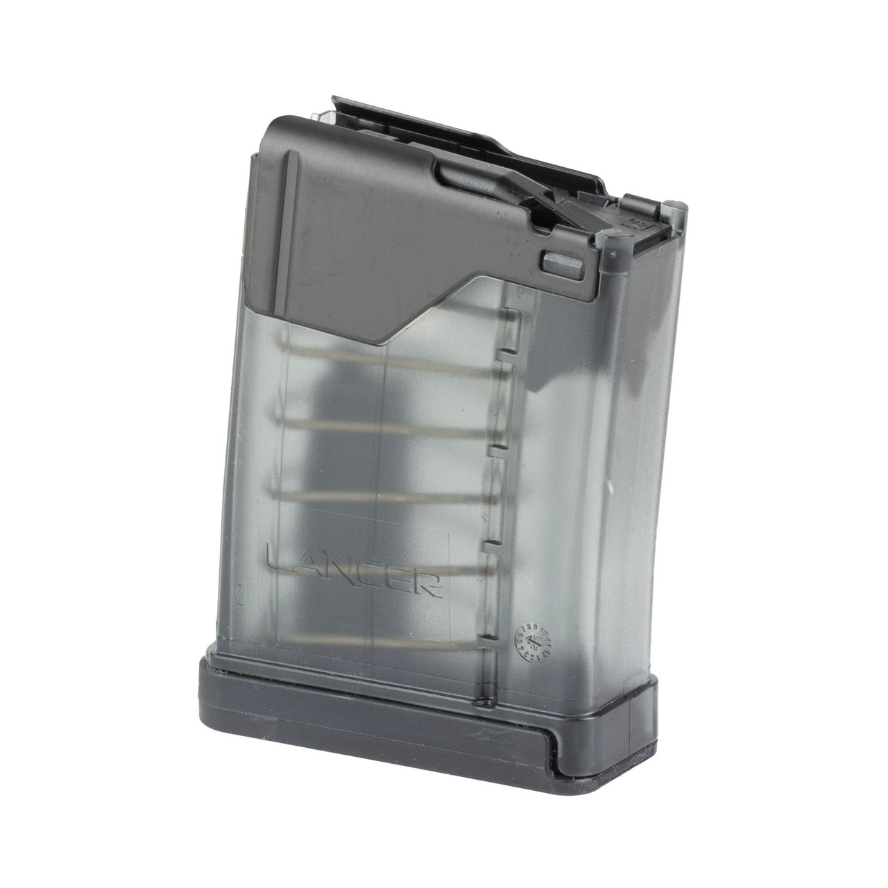 Lancer Systems L5L-G2-5-10-SMK, firearm magazine with transparent body and black top for easy caliber monitoring.