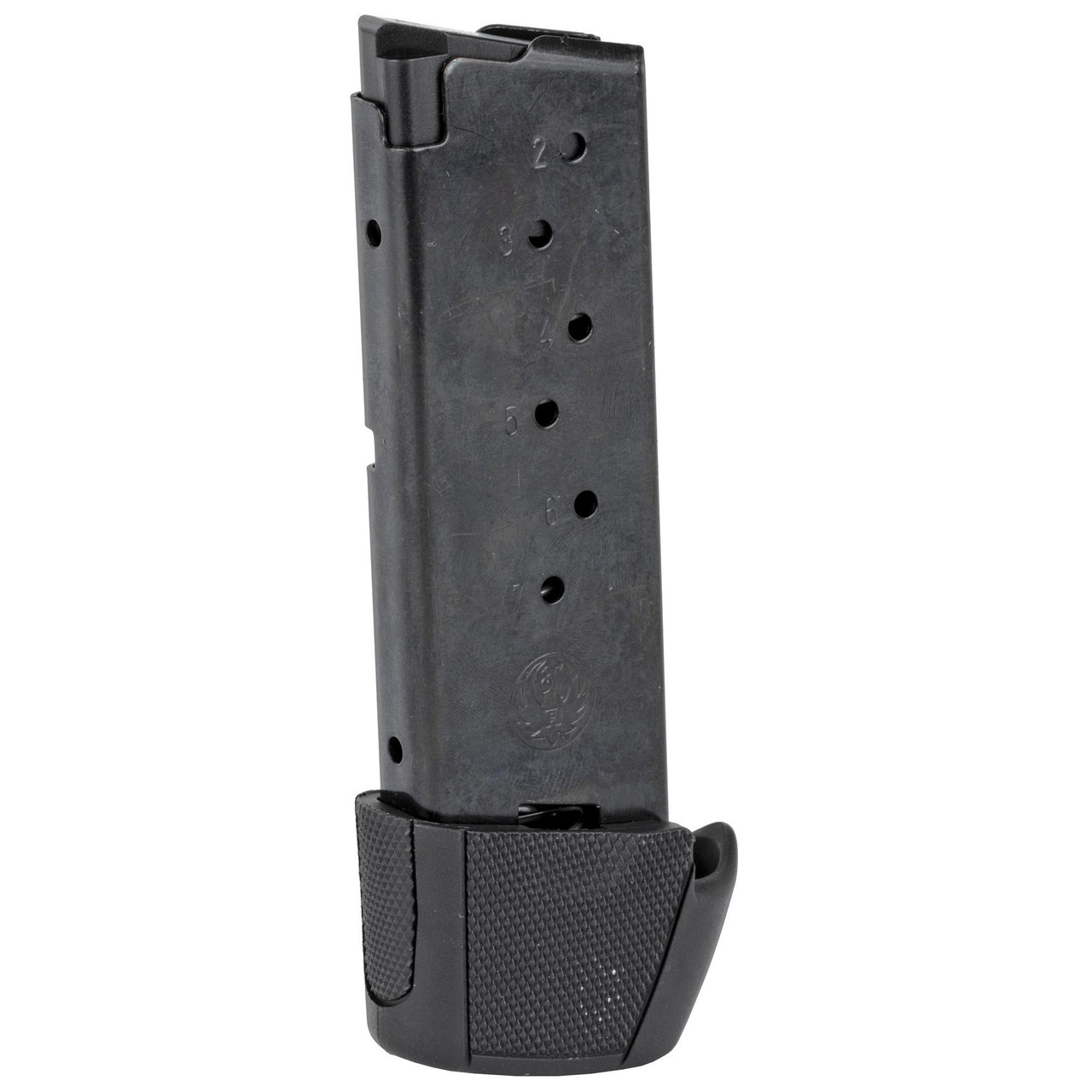 Ruger 90404, image showing a handgun magazine with a textured black base plate and a metal body with numbered feed lips for firearm ammunition.