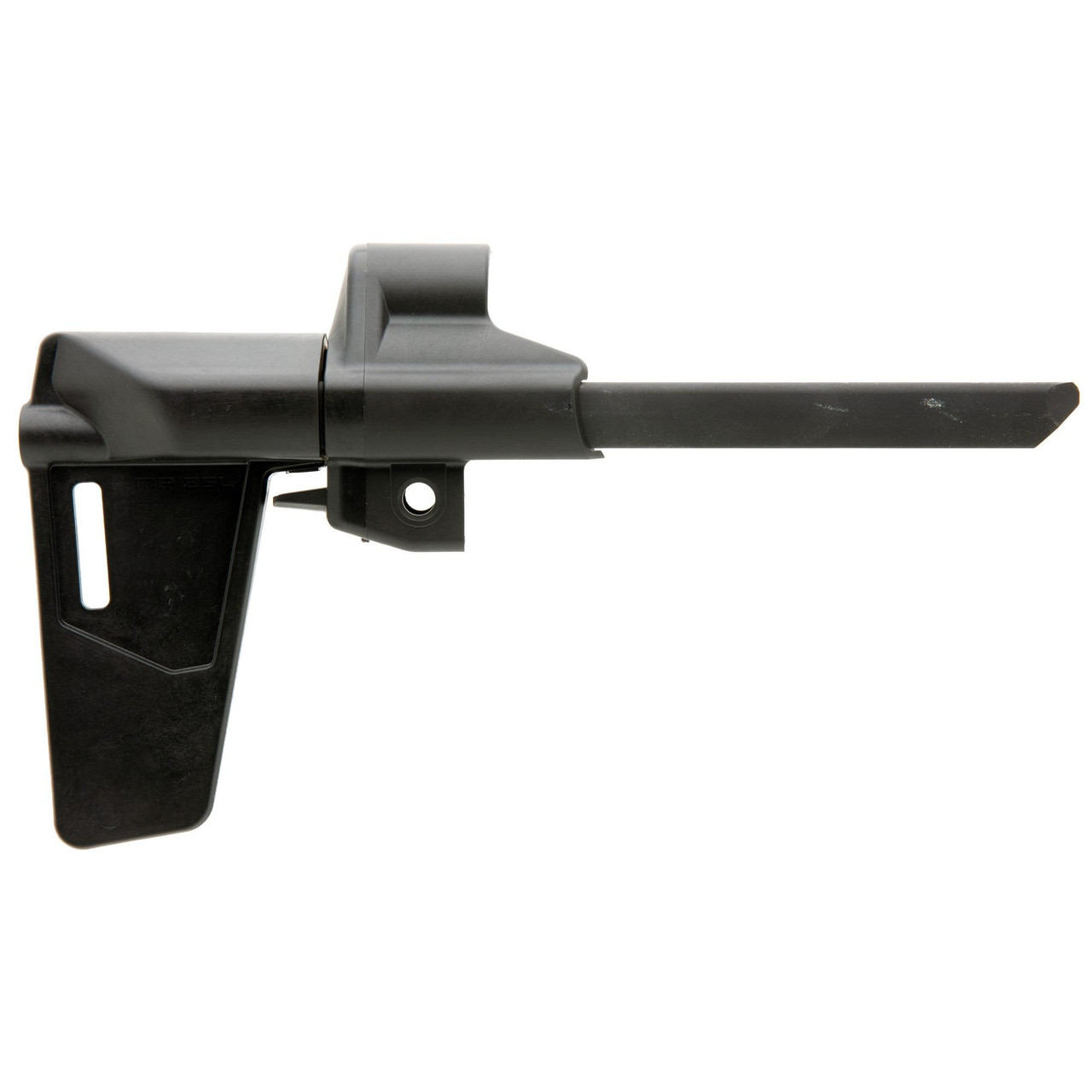Magpul Industries MAG1072-BLK MP BSL Arm Brace for HK94/MP5, lightweight collapsible design with ergonomic enhancements and QD sling attachment, shown in a side view image.