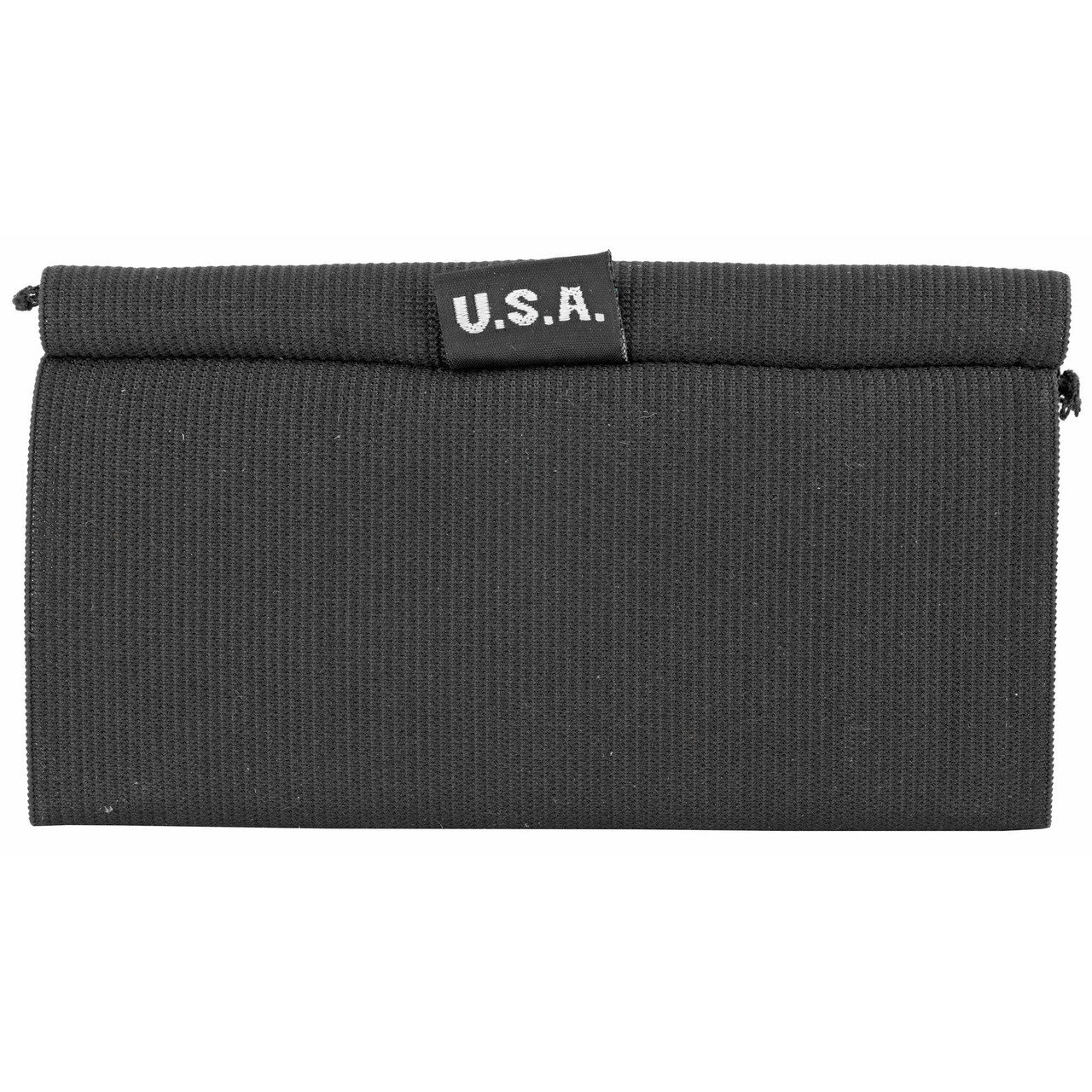 BLACKHAWK 74SH02BK Shotgun Buttstock Shell Holder, open style with 5 elastic loops for quick ammo access, made of durable black nylon fabric with 'U.S.A.' label.