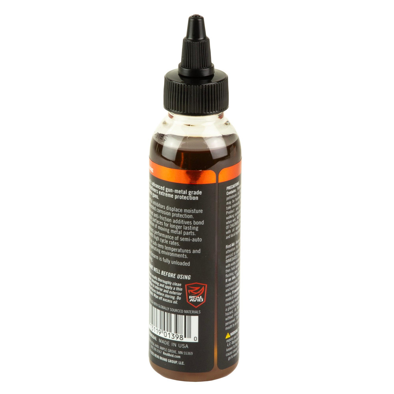 Real Avid AVBMGO4L-PDQ, firearm lubricant bottle with black cap and orange label.