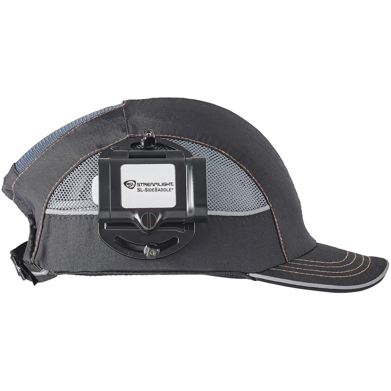 Streamlight 61626 SL-SideSaddle, compact hands-free safety lighting system attached to a black tactical cap with adjustable strap and dual LED beams.
