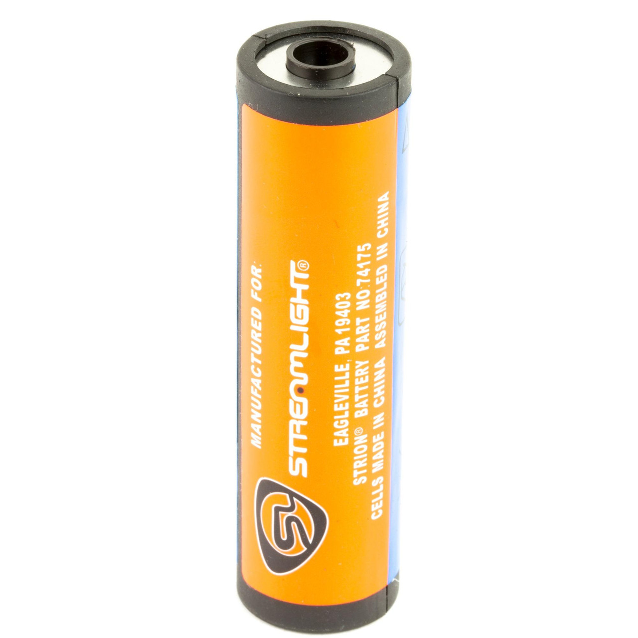 Streamlight 74175 Lithium Ion Battery Stick for Strion Light, OEM Replacement Battery, cylindrical rechargeable cell with orange and black exterior and specifications printed on the surface.