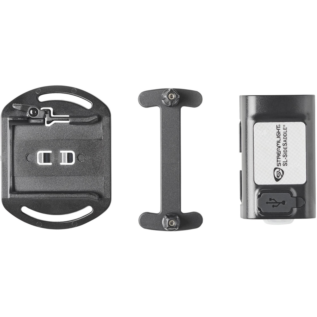 Streamlight 61627 SL-SideSaddle USB – Rechargeable LED Hands-Free Light System with Programmable Front & Rear Safety Lights for Hard Hats and Helmets, black device components including mounting kit, T-shaped bracket, and rechargeable LED light system.