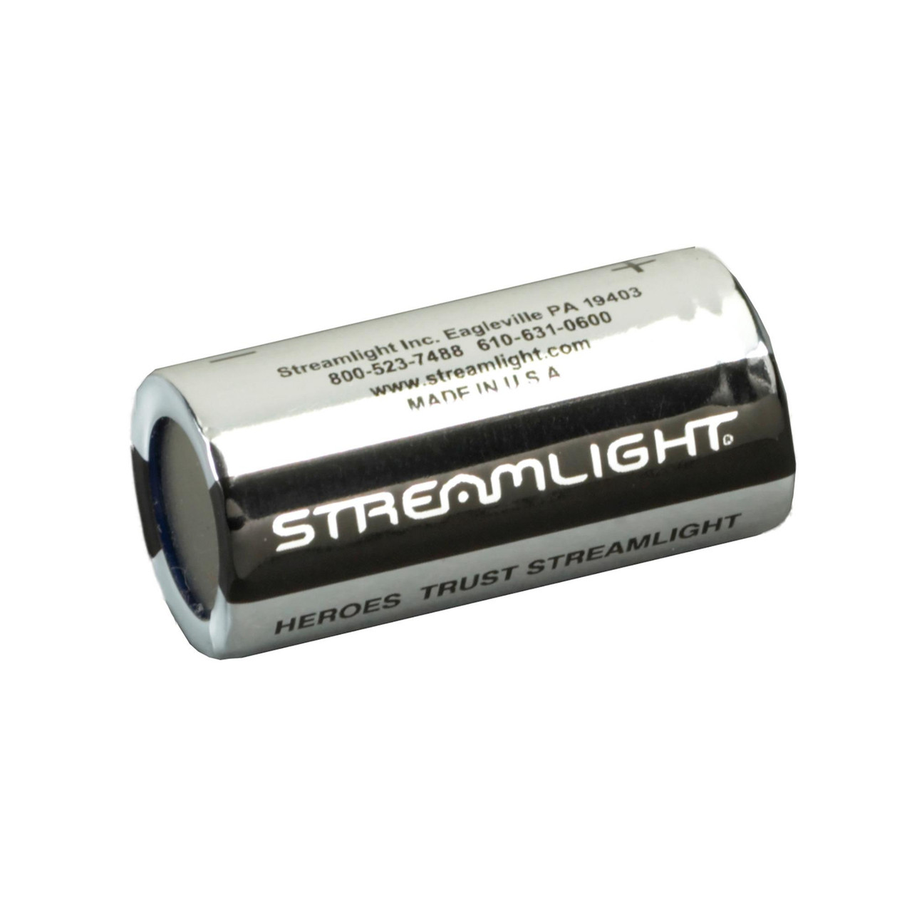 Streamlight 85180 High-Performance 3V Lithium Battery - Reliable Replacement for Streamlight Devices, cylindrical lithium battery with metallic finish and black branding.