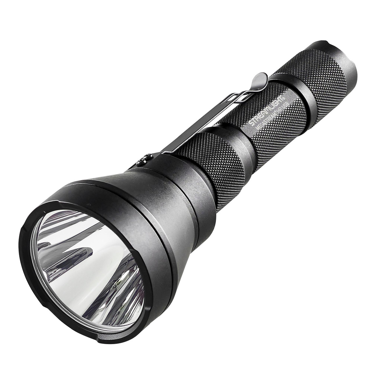 Streamlight 66211 MegaStream HP Rechargeable Flashlight, a high-powered LED flashlight with 310,000 candela and 1,350 lumens, featuring a rugged black body with a textured grip and USB-C charging port for durable, long-lasting illumination.