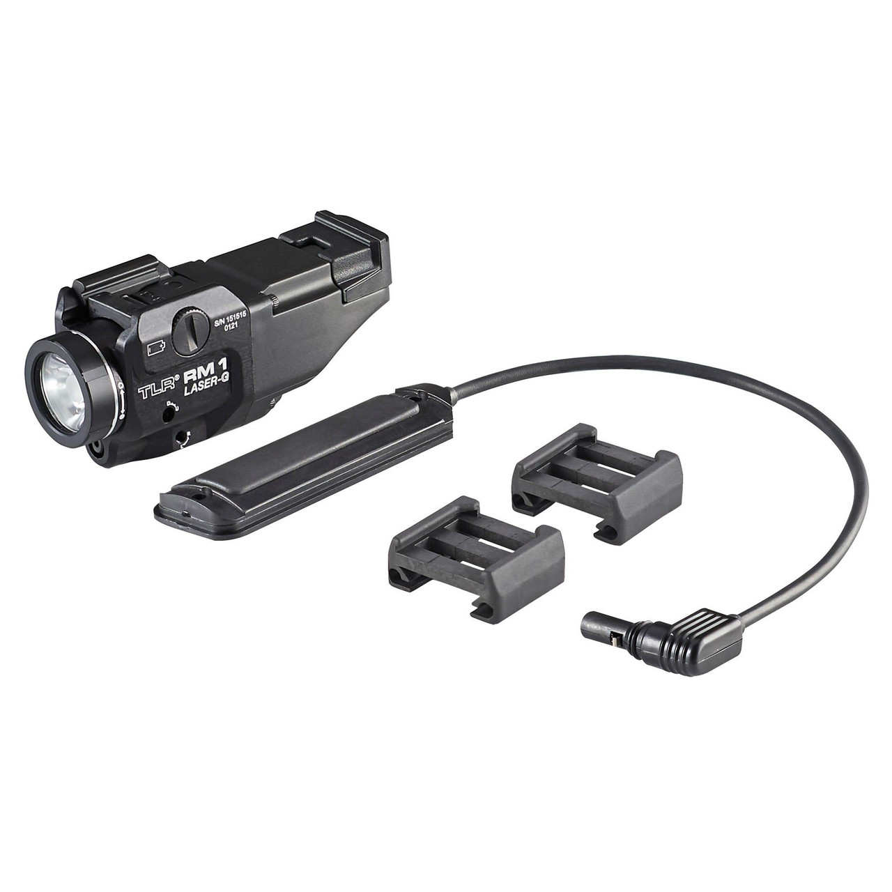 Streamlight TLR RM 1 Green Laser Tactical Long Gun Light with 500 Lumens, Model 69443, mounted laser flashlight with remote pressure switch and mounting accessories for tactical firearms.
