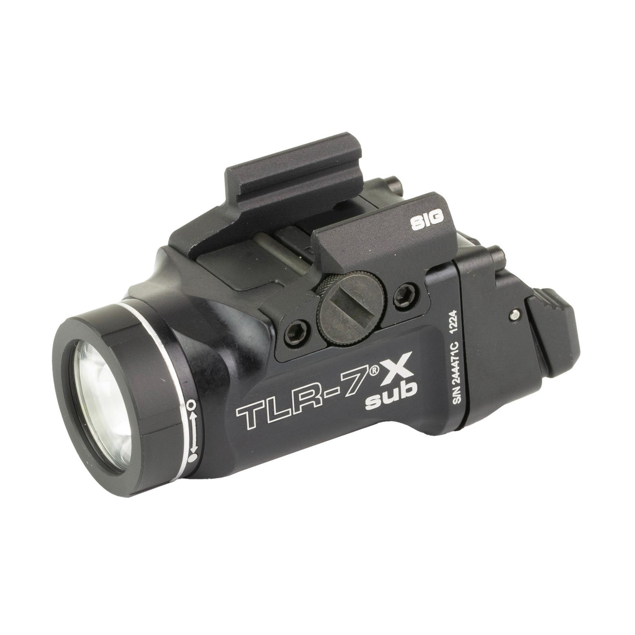 Streamlight TLR-7 X Sub Rechargeable Rail-Mounted Tactical Light, compact black weapon flashlight with 550 lumens, multi-fuel capability, and ambidextrous design for tactical use.