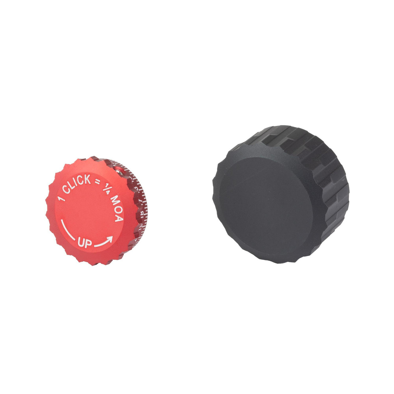 Burris Optics 626400 Precision Custom Elevation Knobs - Tactical Matte Finish Scope Upgrade for Enhanced Accuracy, image of red and black scope adjustment knobs with detailed markings for precision tuning.