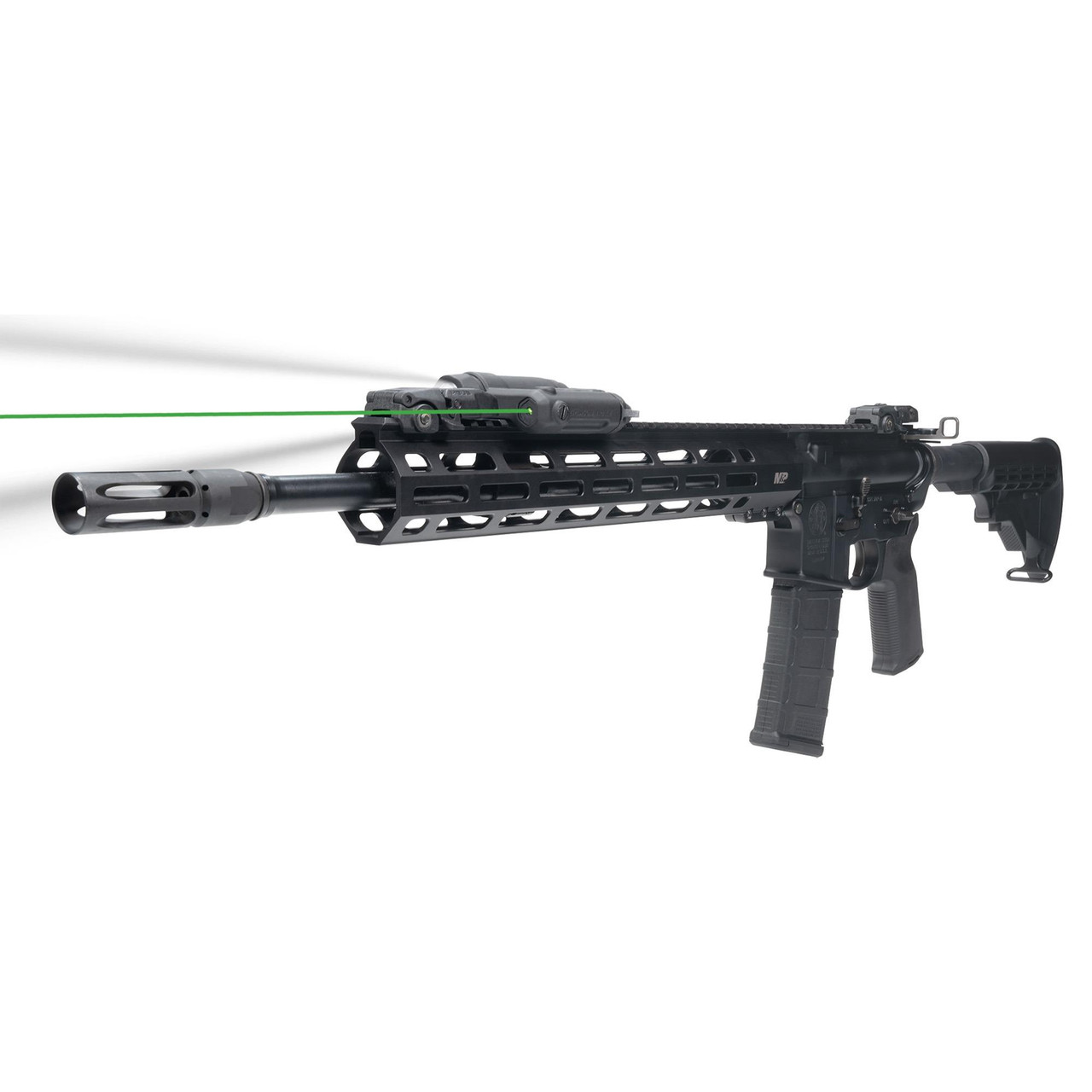 Crimson Trace Corporation Crimson Trace CMR-301 Rail Master Pro Tactical Light & Green Laser Sight - 1000 Lumens, Remote Switch Enabled (Model 01-00020), mounted on a tactical rifle with a green laser beam projecting forward.