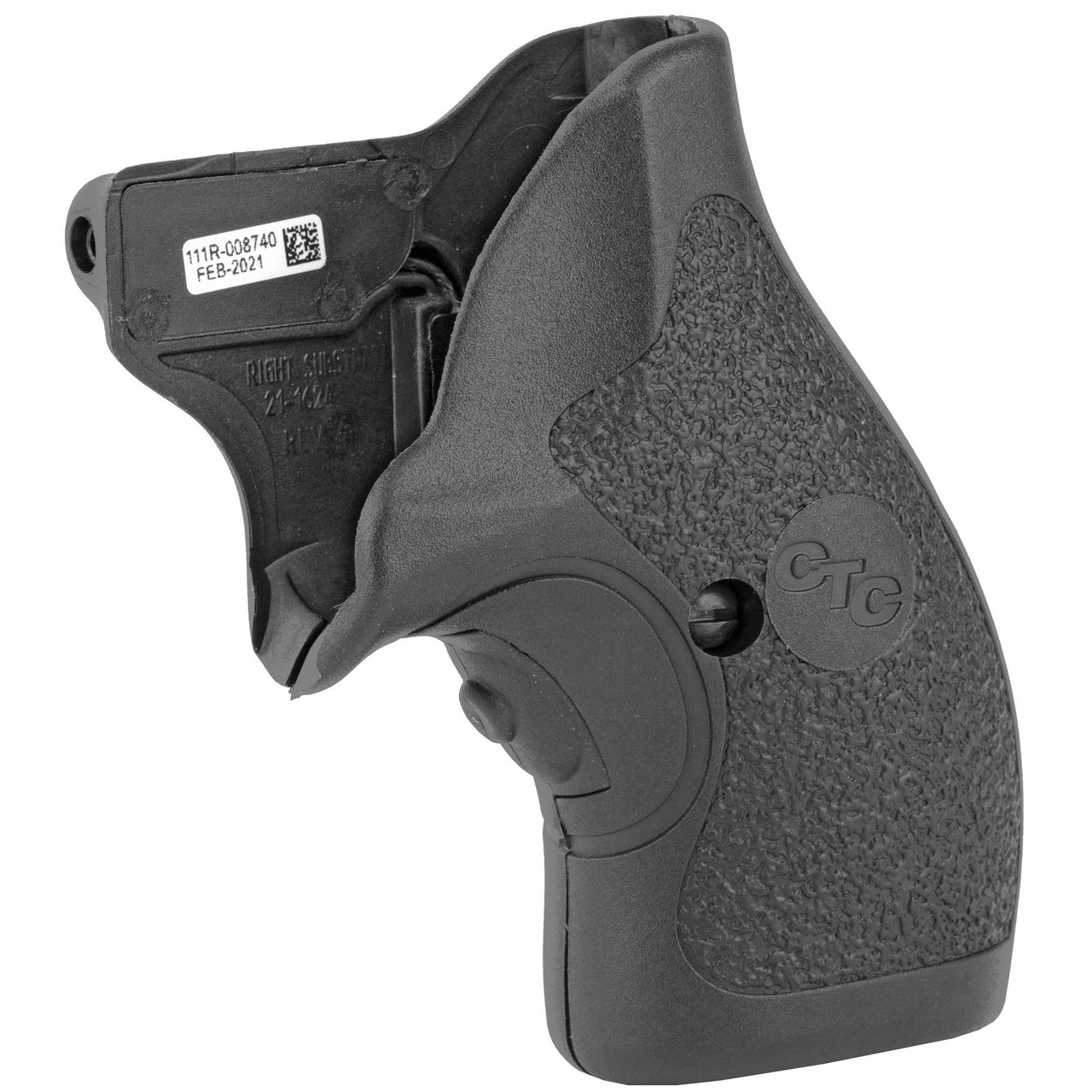 Crimson Trace Corporation Crimson Trace LG-111 Lasergrips for Ruger SP-101, close-up of black textured ergonomic grips with laser sight attachment and the logo 'CT' engraved on the side.