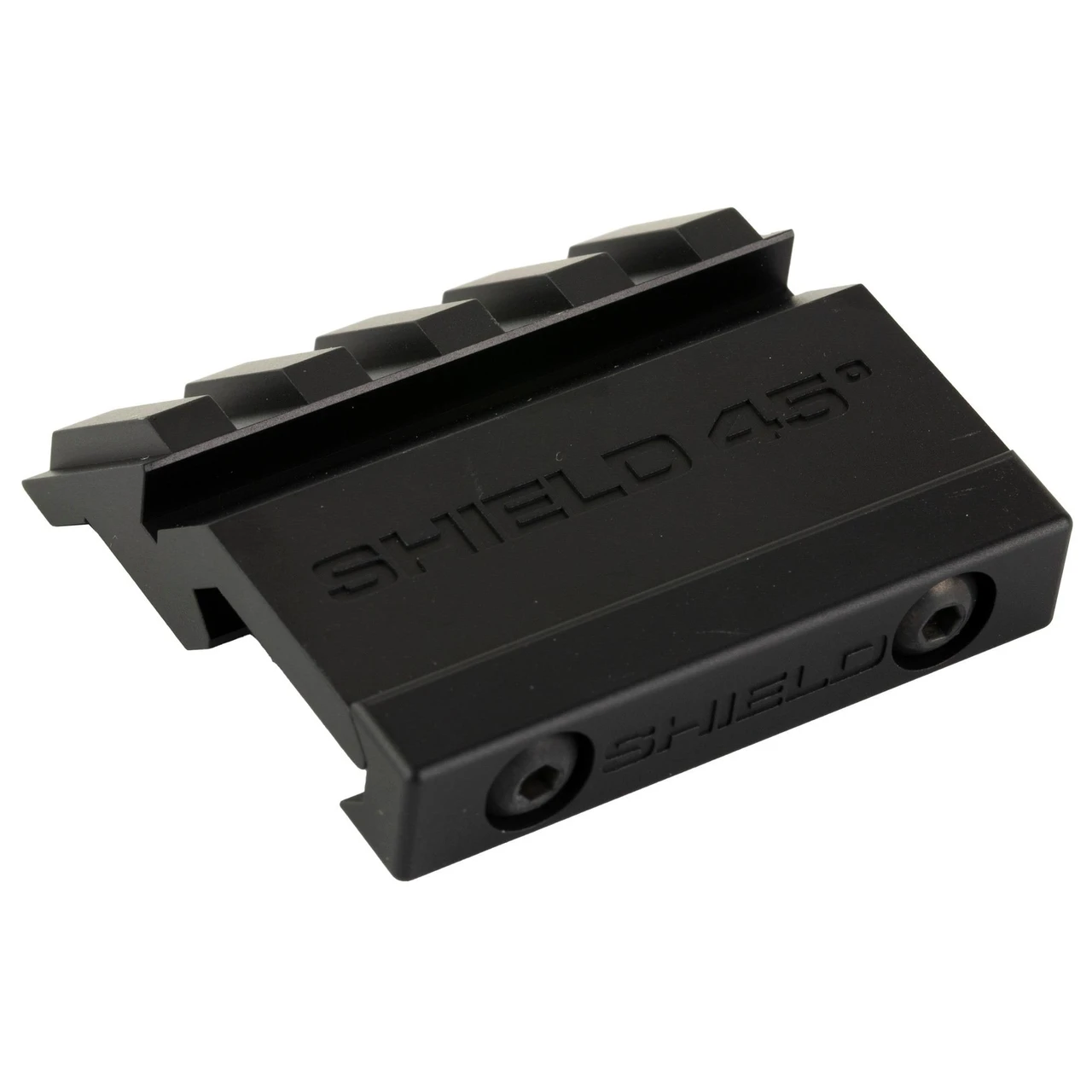 Shield Sights MT-45DEG-PICA, Premium 45 Degree Offset Picatinny Mount for RMS/SMS Optics, black metal mount with angular design and mounting screws.