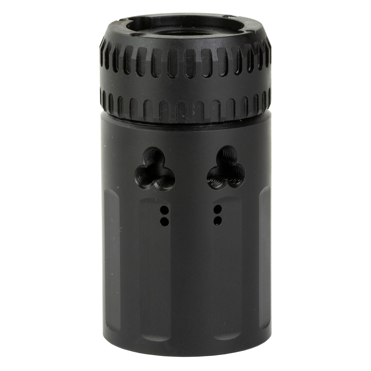 LanTac USA LLC 01-MD-A2-BMD-COMP Blast Mitigation Device - Advanced Muzzle Control & Safety, black cylindrical device with ventilation slots and threaded openings for firearm safety enhancement.