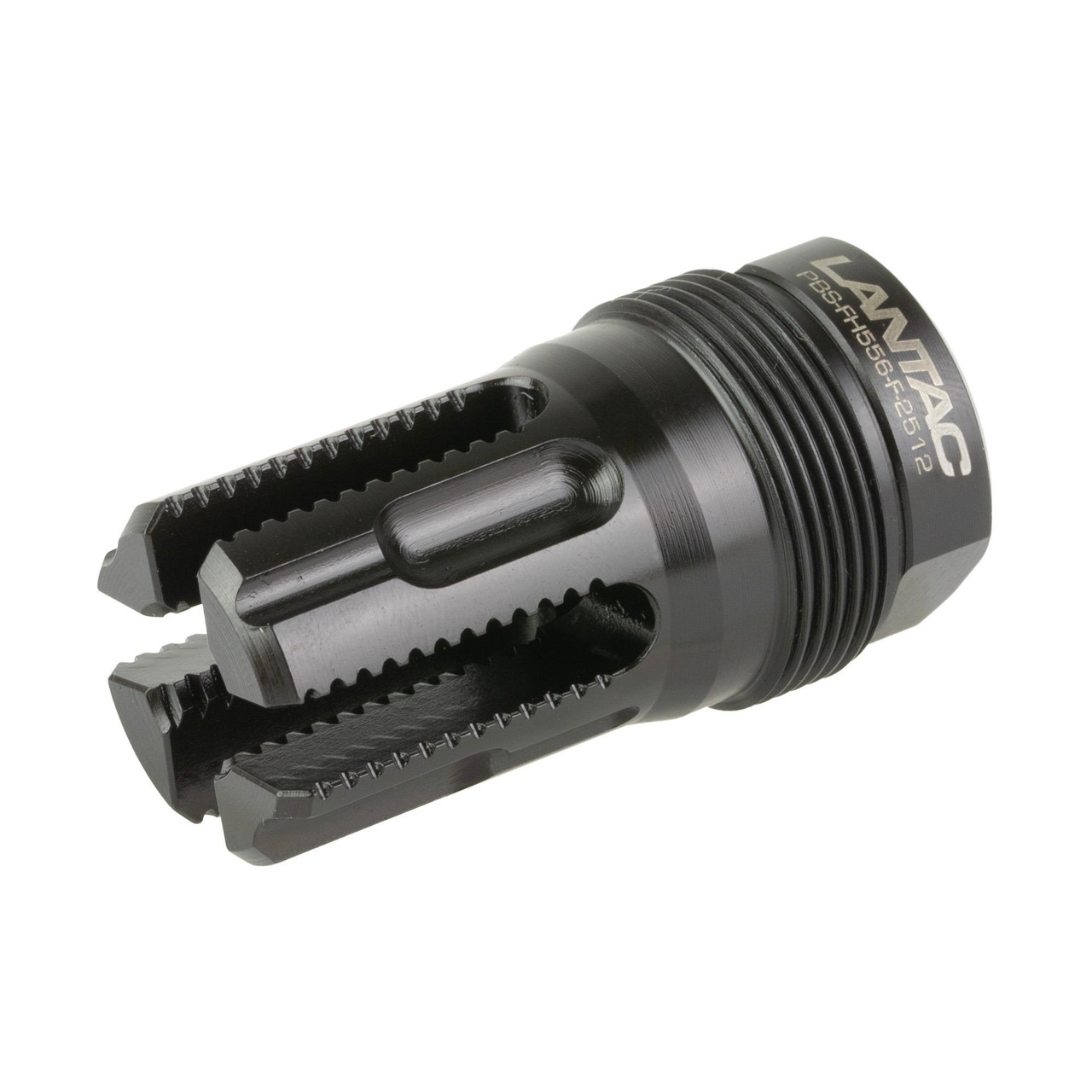 LanTac USA LLC Lamprey Flash Hider LAM-556FH-PBS, a black tactical firearm flash suppressor with a slotted design for superior gas disruption and reduced flash, enhancing shooting performance.