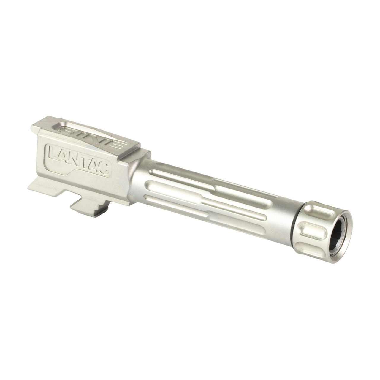 LanTac USA LLC Glock 43 & 43x Upgrade Drop-In Barrel, match grade 416R stainless steel, on a white background showing detailed close-up of the precision firearm barrel.