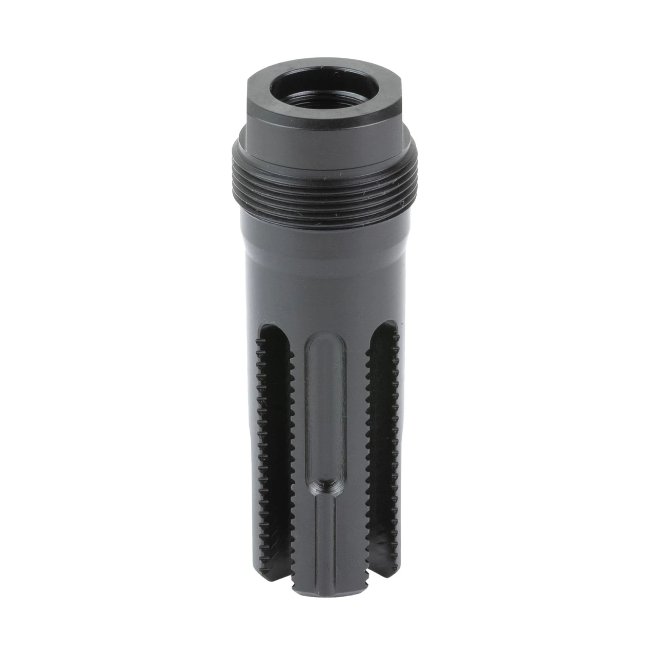 LanTac USA LLC LANTAC Lamprey Flash Hider LAM-556FC-PBL - Precision Engineered Tactical Muzzle Device with Six Ports for Enhanced Shooting Performance, black metal muzzle brake with six ports and detailed design.