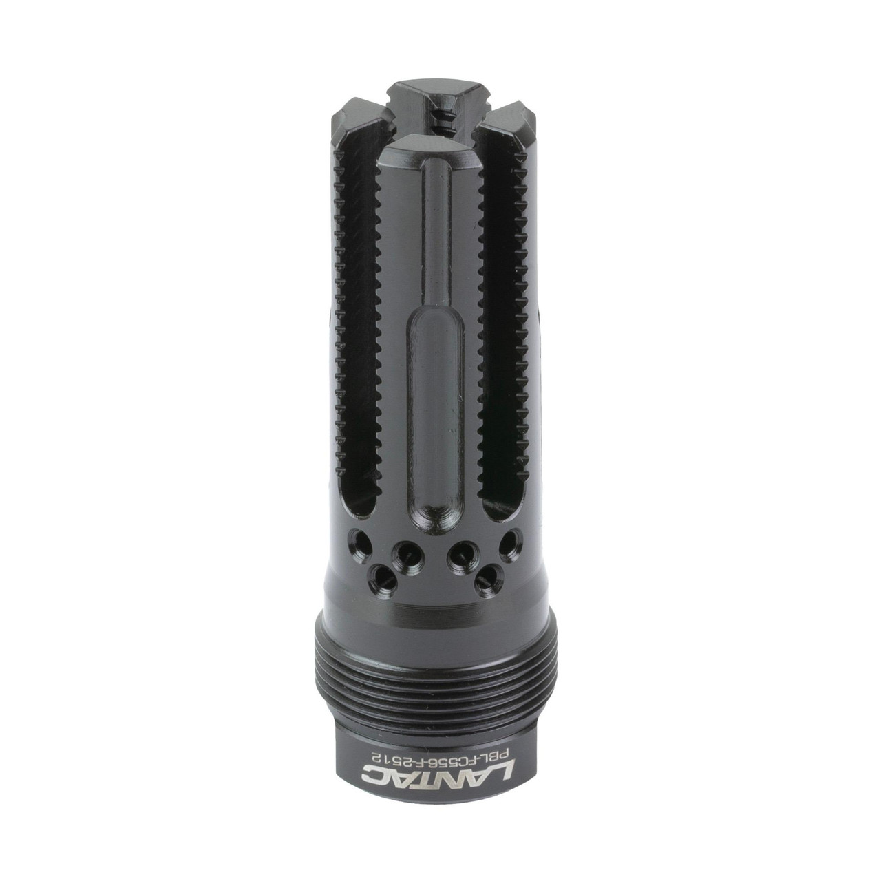 LanTac USA LLC LANTAC Lamprey Flash Hider LAM-556FC-PBL, black tactical muzzle device with six ports for enhanced shooting performance, designed for precision firearm control and muzzle flash reduction.