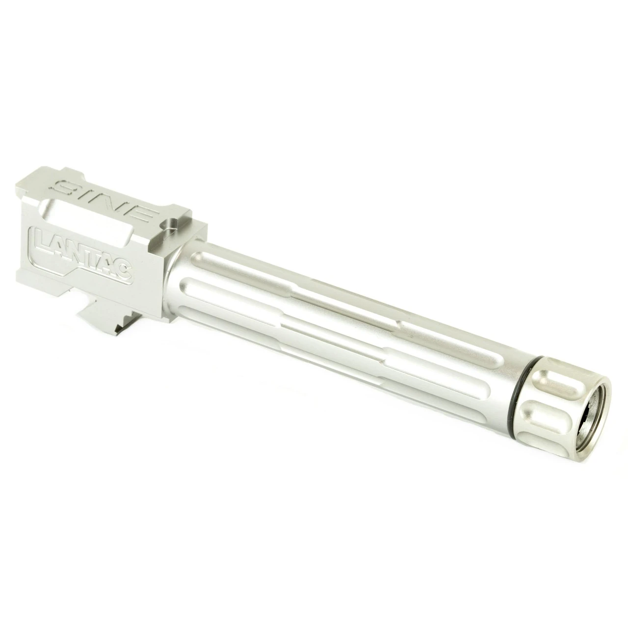 LanTac USA LLC 01-GB-G19-TH-SS Match Grade Drop-In Barrel for Glock 19, precision engineered 416R stainless steel with fluted design, showing silver finish and detailed grooves.