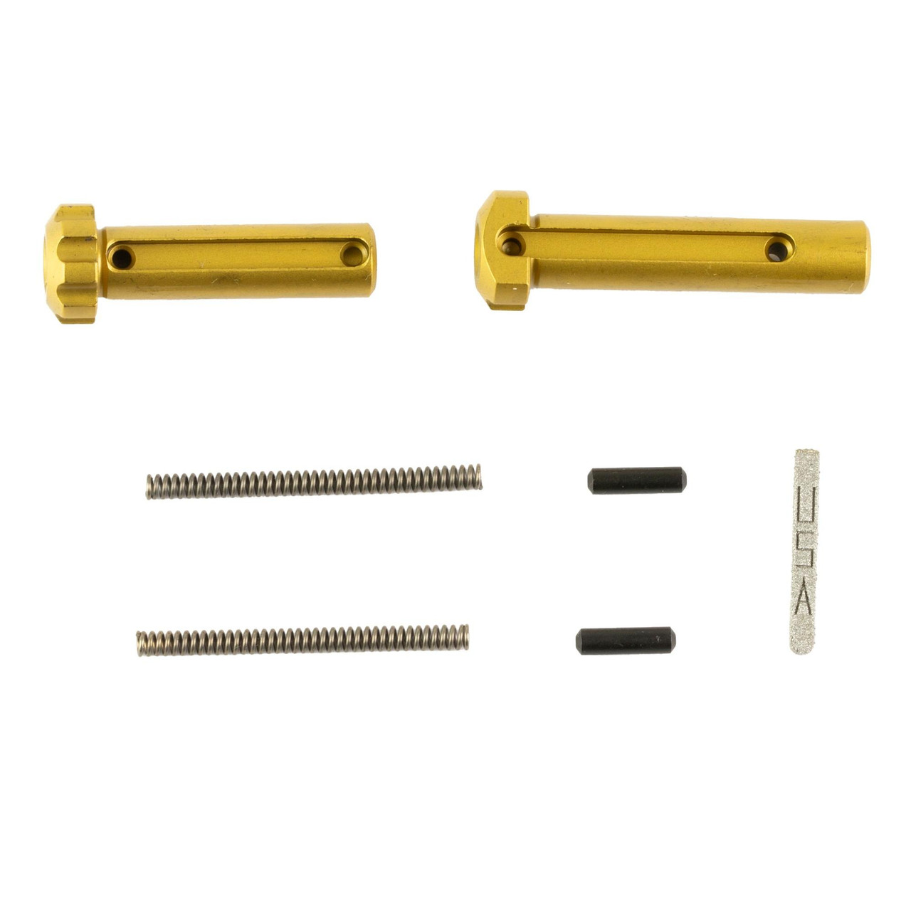 LanTac USA LLC 01-LP-UPS-TIN Ultimate Takedown Pin Set - Precision Machined 17-4PH Stainless Steel with QPQ Nitride Finish, view of the metal takedown pins and small components for firearm assembly.