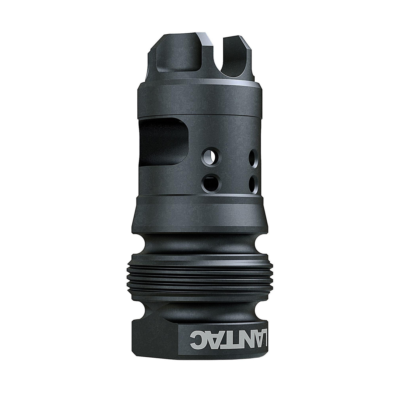 LanTac USA LLC LANTAC DGN338B-DAX Muzzle Brake, precision recoil reduction device with short energy pulse technology, black metal with multiple holes and elongated slots.