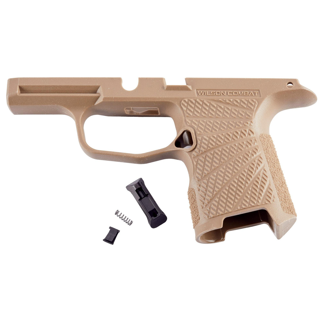 Wilson Combat 365M-ST Grip Module for SIG-SAUER P365 XMacro, desert tan color with textured grip, and included small upgrade parts, designed for enhanced performance, comfort, and control.