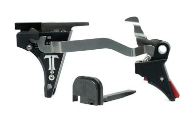 TriggerTech G9B0-SBS-26-LBRF Legacy Bladed Trigger for GLOCK 17 Gen5, with adjustable pull weight and zero creep technology, shown with mounting hardware.