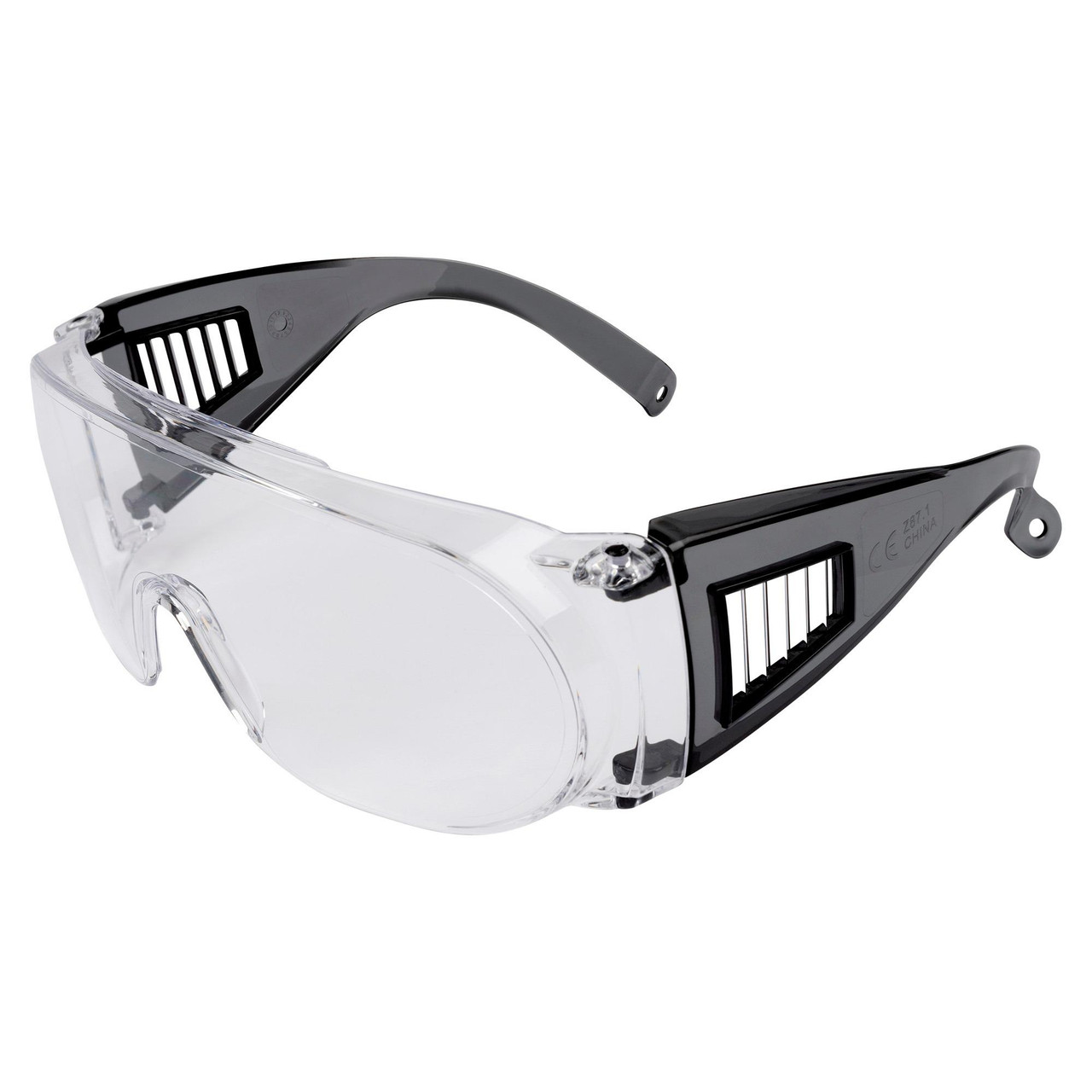 Allen Company 4180 ULTRX Fit Over Safety Glasses - High Impact Eye Protection for Prescription Eyewear, clear protective goggles with black accents and ventilation slats.