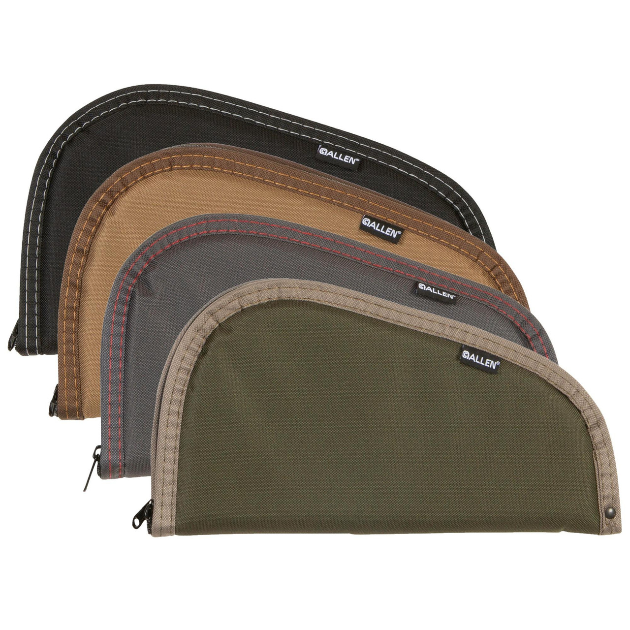 Allen Company 72-13 Handgun Case, Image showing four durable and stylish protective handgun cases in black, brown, gray, and green colors with stitched edges and zippers.