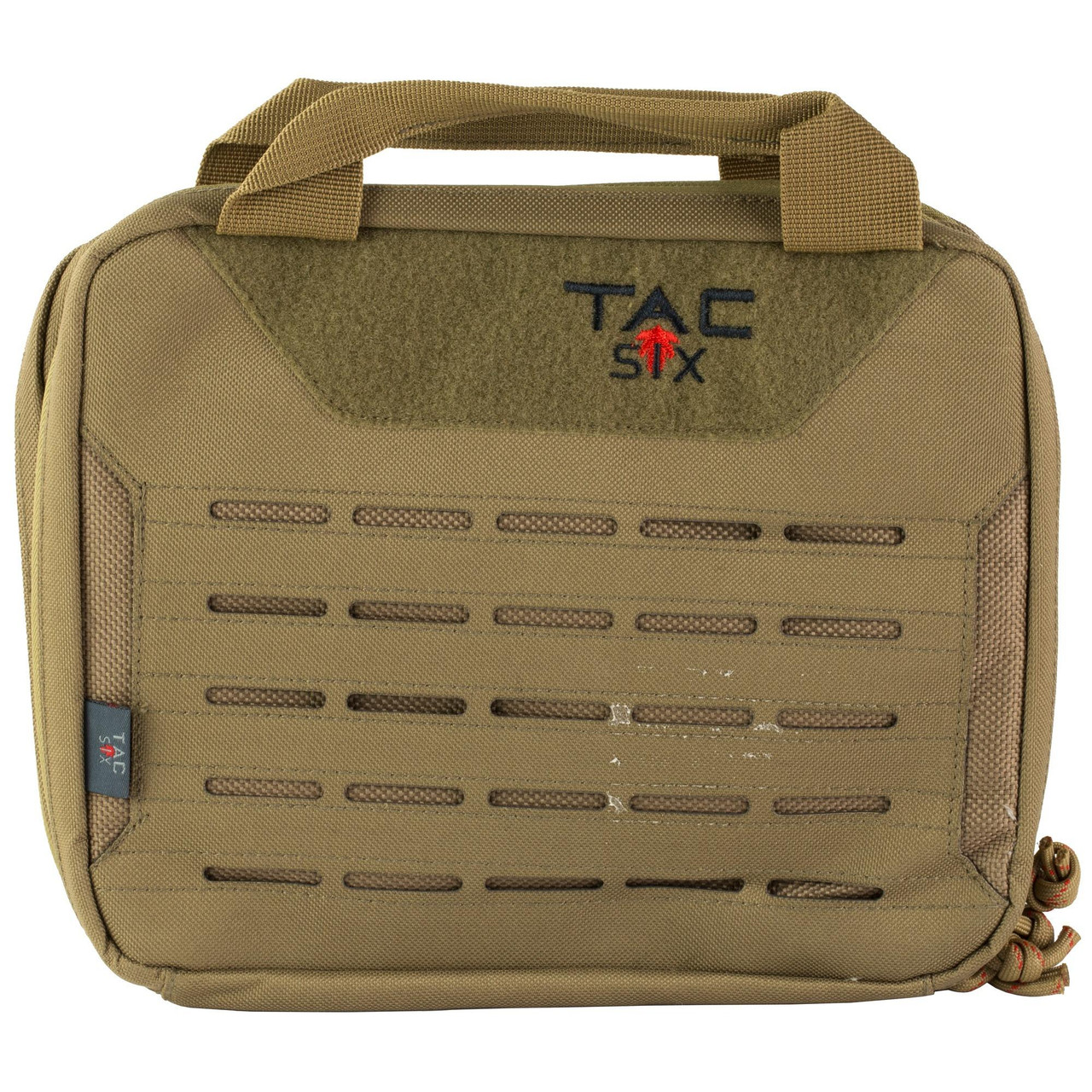 Allen Company 10816 Tac-Six Crew Dual Tactical Pistol Case, All-Weather Handgun Storage with MOLLE Customization, in tan color with multiple compartments and secure zipper closure.