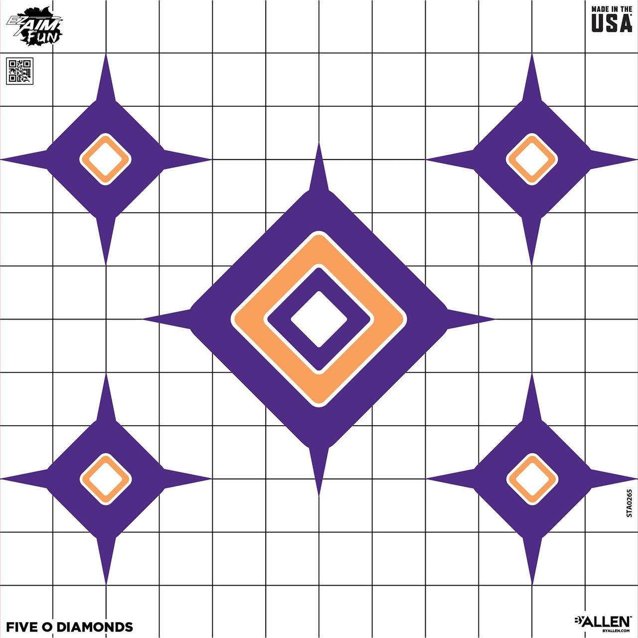 Allen Company 15641 EZ Aim Fun Dial Paper Targets, colorful target with a large diamond shape in purple and orange, and smaller diamond shapes inside, designed for pistol, handgun, and pellet gun shooting practice.