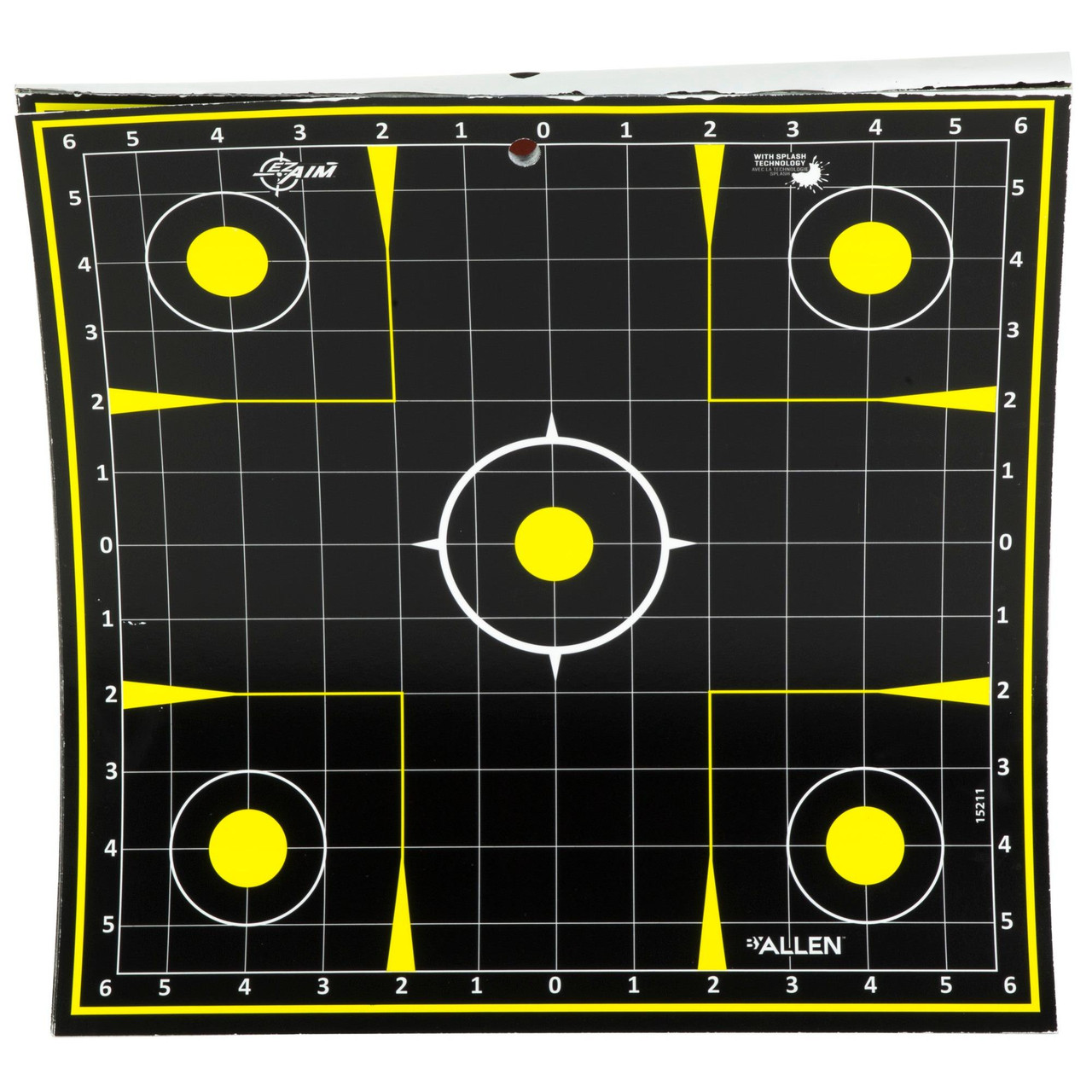 Allen Company EZ Aim Splash Reactive Target - 12.5" x 12.5" with Adhesive Back for Easy Use & Sight Adjustment, black and yellow shooting target with multiple yellow splash zones on a grid.