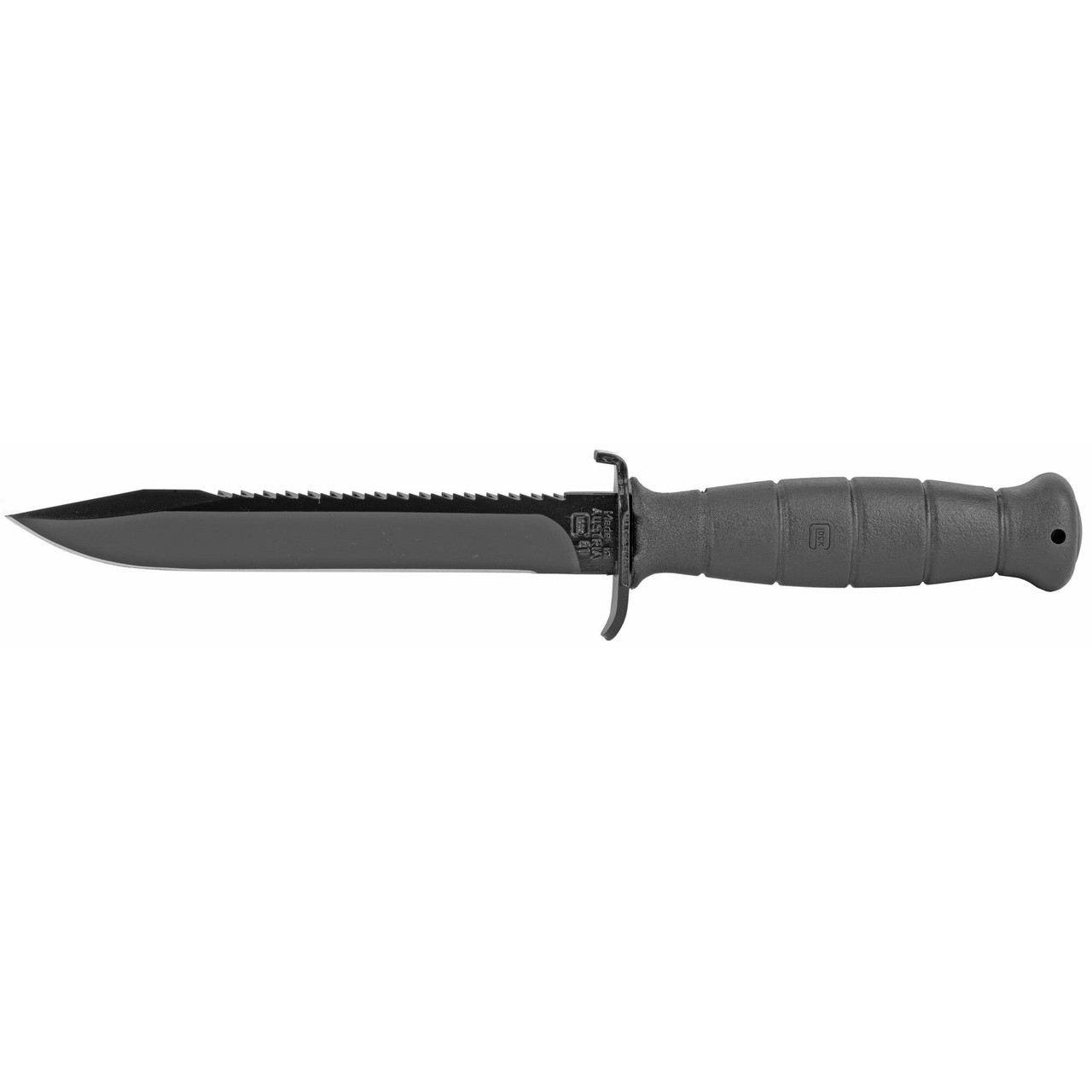 GLOCK KB17281, tactical combat knife with a black serrated blade and a textured gray handle.