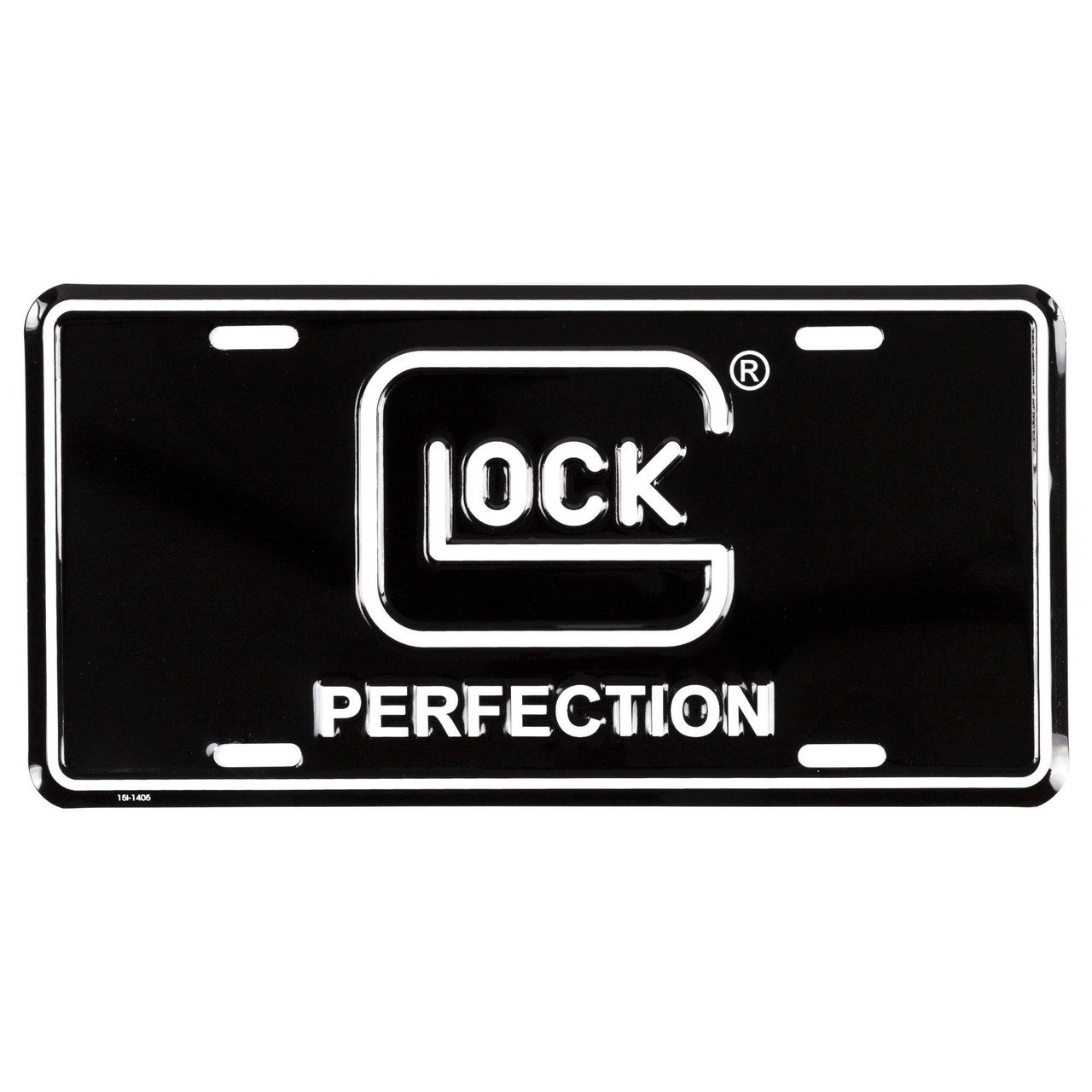 GLOCK AS00042, black license plate with GLOCK logo and 'PERFECTION' text in white