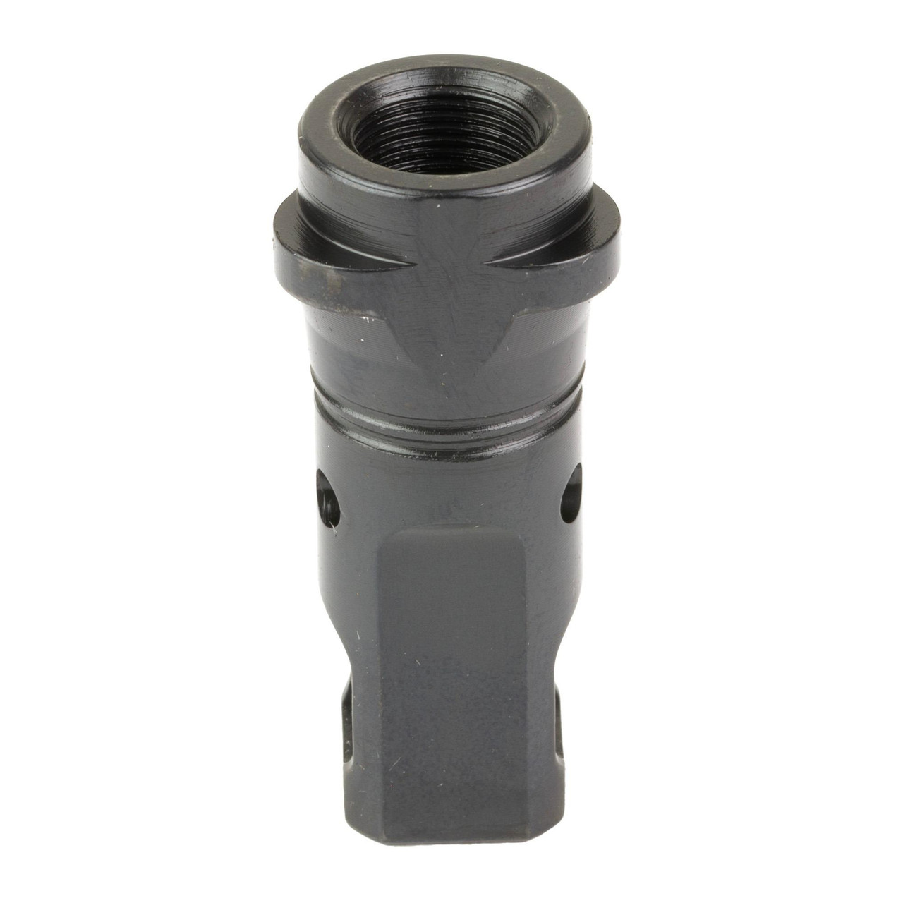 Breek Arms BRK4330 Echo Muzzle Brake & Breek-LOK 3QD Suppressor Attachment, a black firearm accessory designed for 14.5-inch barrels, featuring precision machining and attachment holes for optimal performance.