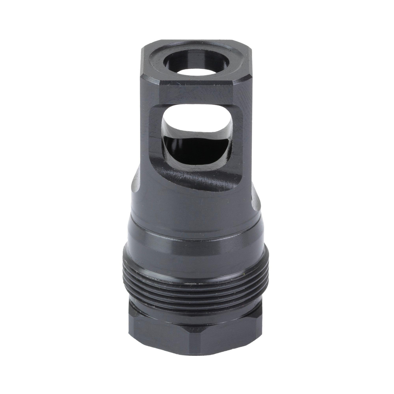 Breek Arms BRK4431 Plan B Echo Muzzle Brake, compact 30 caliber recoil reducer made in USA, black metal firearm accessory with threaded base for attachment.