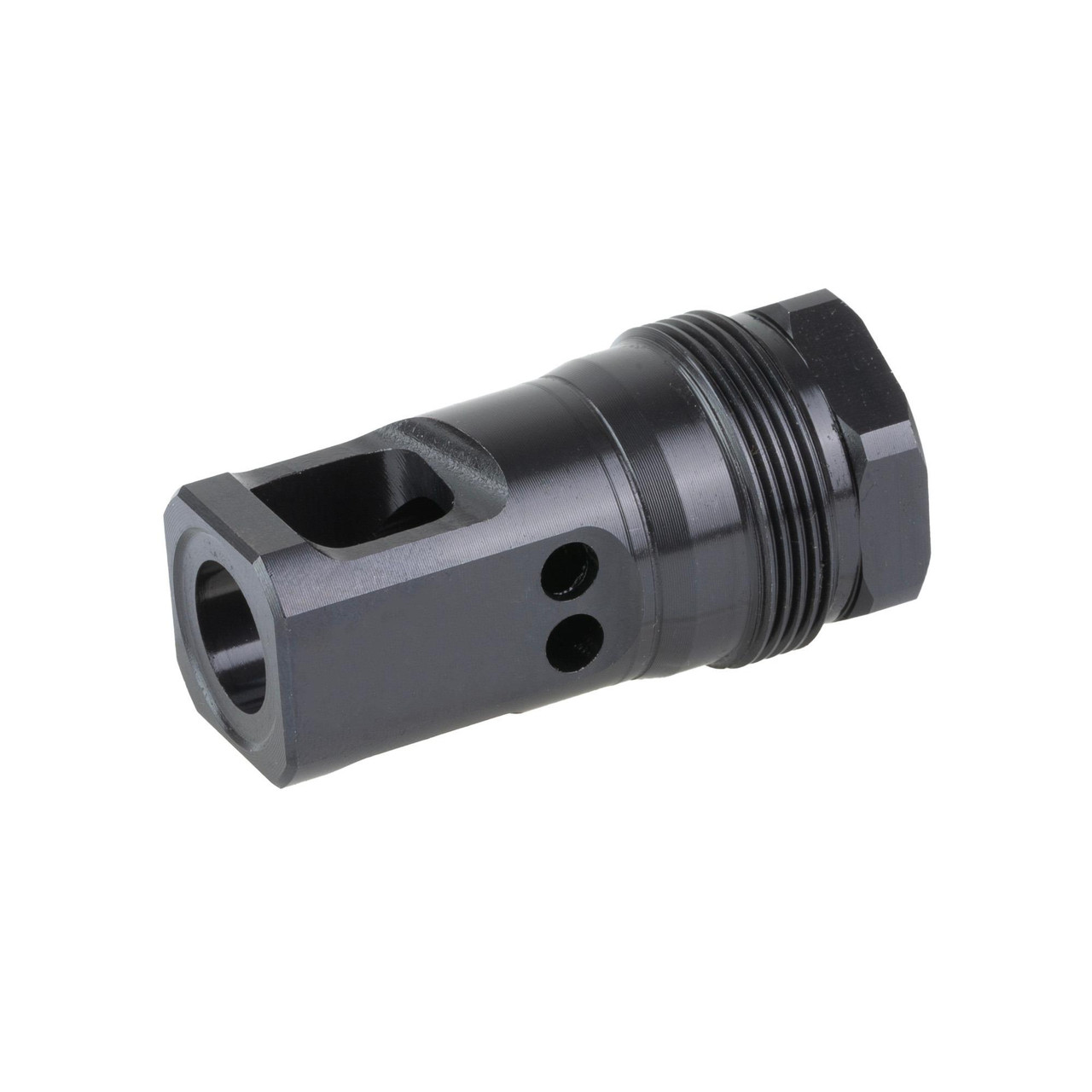 Breek Arms BRK4431 Plan B Echo Muzzle Brake - Compact 30 Cal Recoil Reducer, black gun muzzle brake with threaded attachment and venting holes.