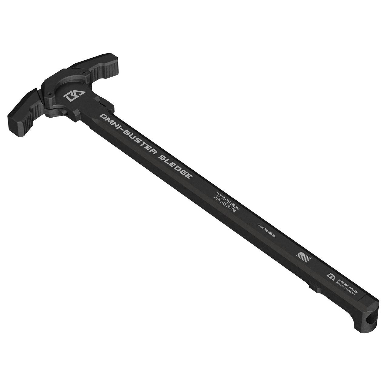 Breek Arms BRK6040 Sledgehammer Omni-Buster AR-10 Charging Handle, black with ergonomic design and text indicating model, used for ultimate gas mitigation and enhanced shooting experience.