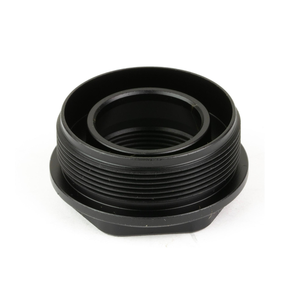 Breek Arms BRK4401 Plan B HUB One Universal Suppressor Mount - Lightweight Grade 5 Titanium with DLC Finish for Optimal Precision, close-up view of black titanium suppressor mount on white background.