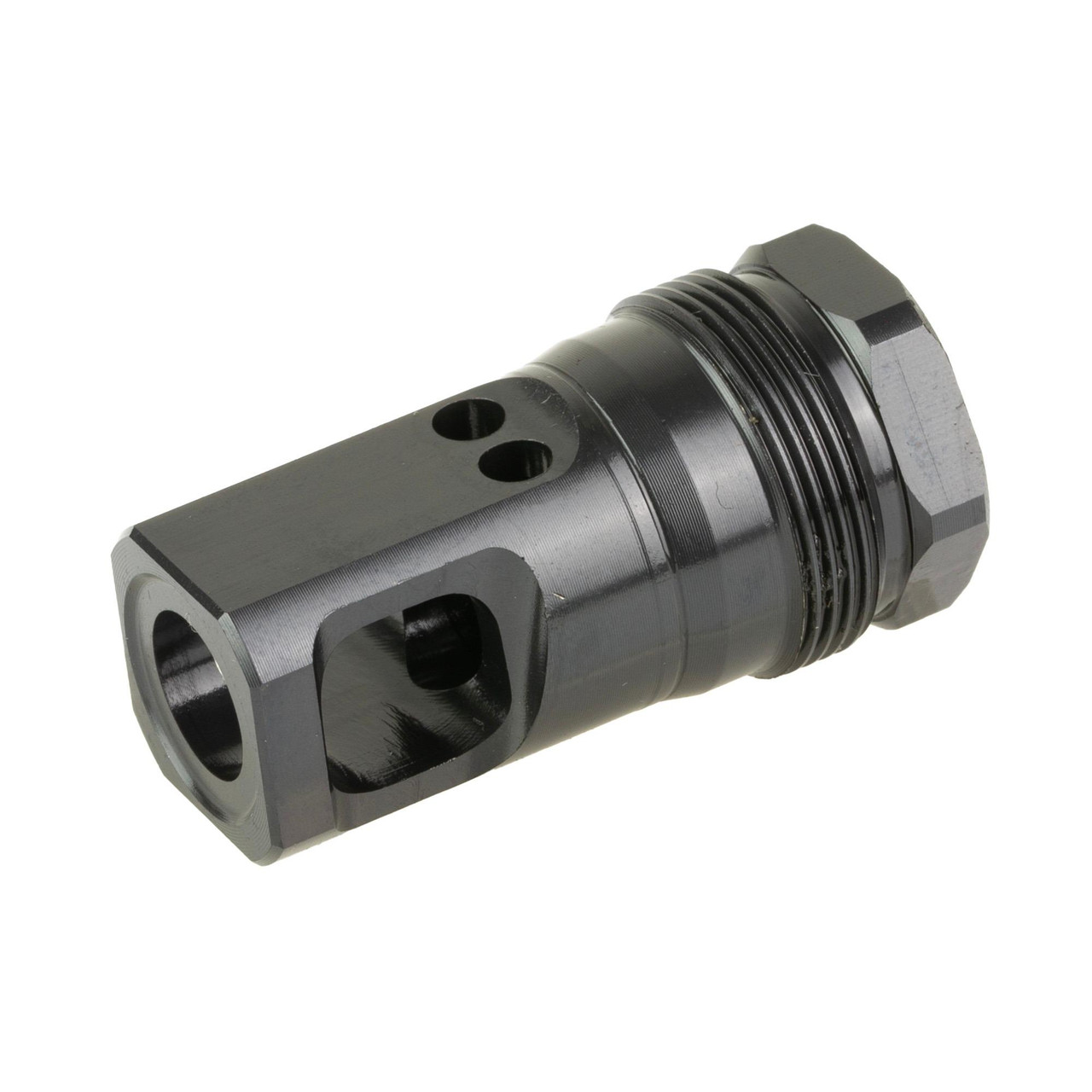 Breek Arms BRK4433 Muzzle Brake - Ultra-Compact 9MM Precision & Recoil Reduction, black metal muzzle brake with threaded end and multiple port holes.