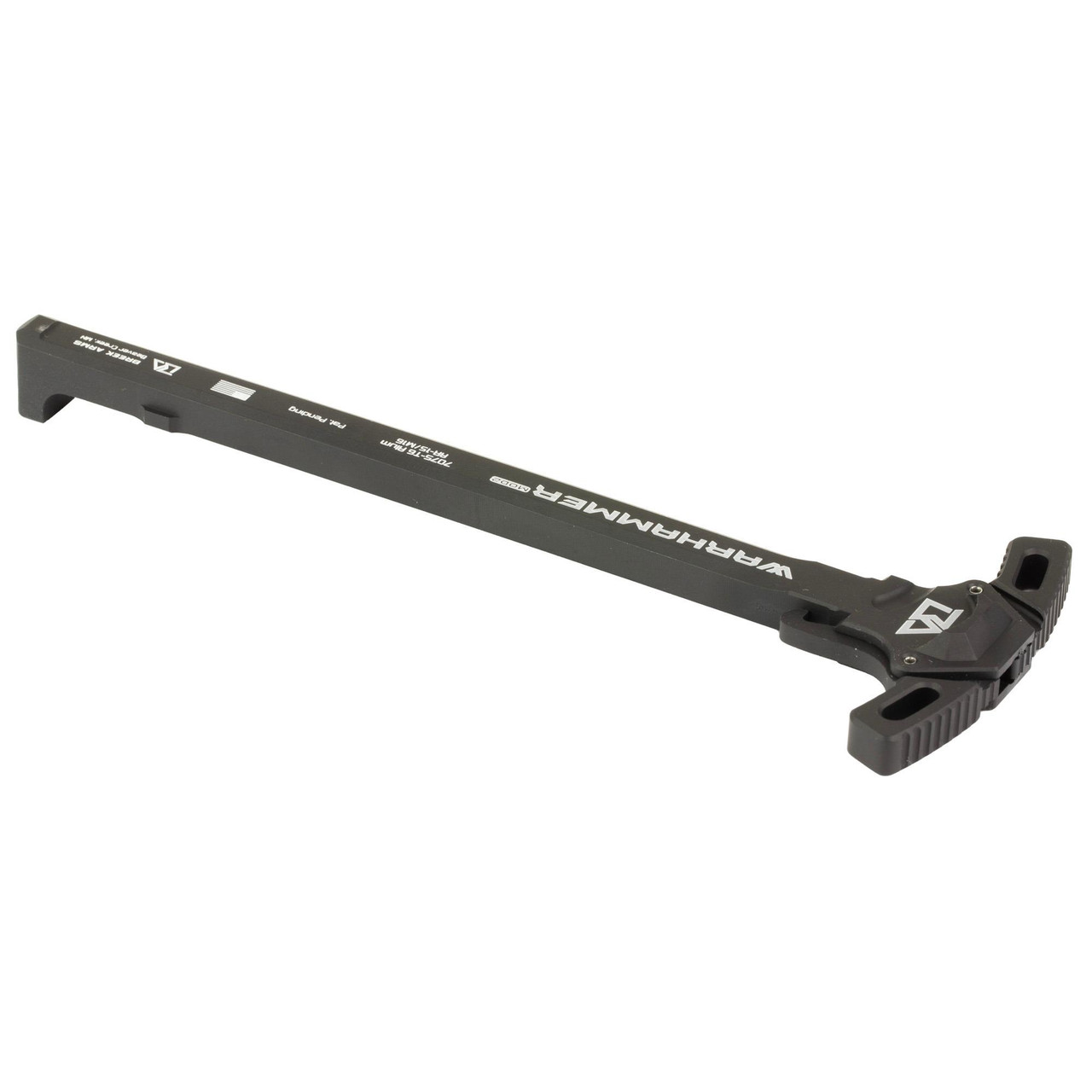 Breek Arms BRK555 WARHAMMER MICRO MOD2 Ambidextrous Charging Handle for AR-15, lightweight 7075-T6 aluminum, designed for superior suppressor performance and one-handed manipulation, shown in black with branding.