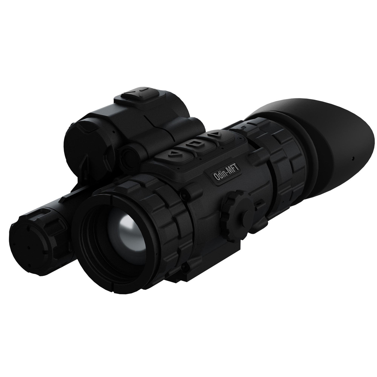 ATN Corp TIMFOD6625 Thermal Optics, versatile monocular and weapon sight with AI imaging, OLED display, and range finder features, black cylindrical device with multiple adjustment dials and attachments.