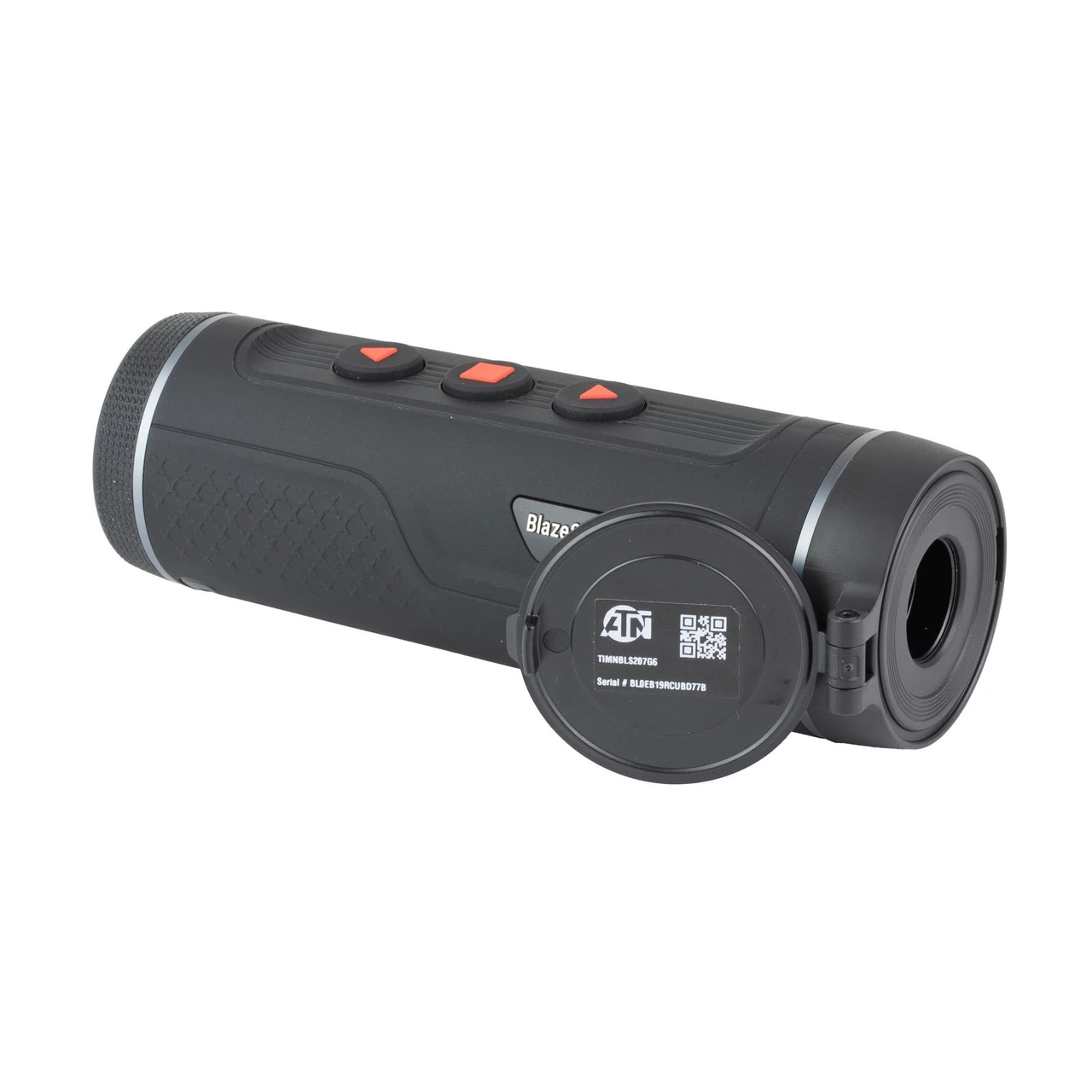 ATN Corp TIMNBLS207G6 Thermal Imaging Device, compact handheld device with 256x192 sensor, 32GB memory, IP67 waterproof rating, and 8-hour battery life, shown from an angle highlighting its cylindrical shape and control buttons.