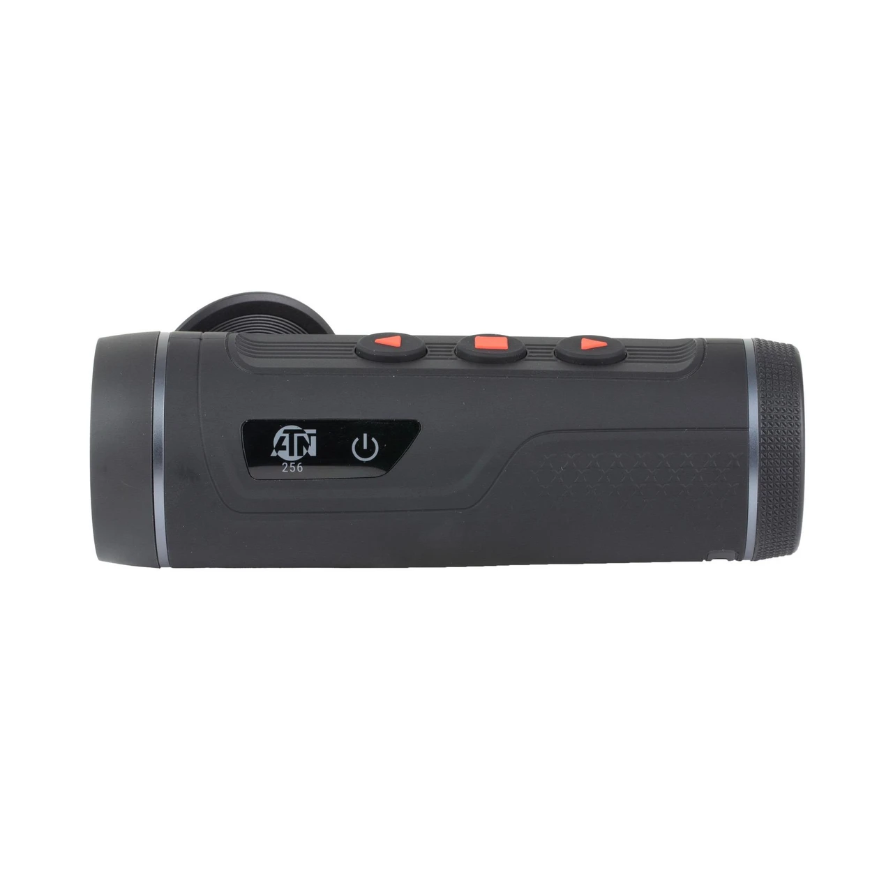 ATN Corp TIMNBLS207G6 Thermal Imaging Device, compact handheld infrared camera with 256x192 sensor, 32GB storage, IP67 waterproof rating, and 8-hour battery life shown on a white background.