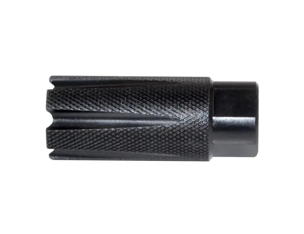Presma MZ-08-10-B Recoil Compensator for 9mm .350, Steel with Black Phosphate Finish, 1/2-28 Thread Pitch, includes Crush Washer & Jam Nut, shown in black with textured surface.