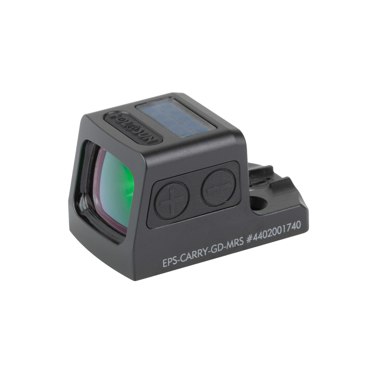 Holosun Technologies Holosun EPS-CARRY-GD-MRS - Compact Enclosed Tactical Optic with Gold Reticle for Subcompact Pistols, Close-up of the tactical sight with a gold reticle and adjustable controls.