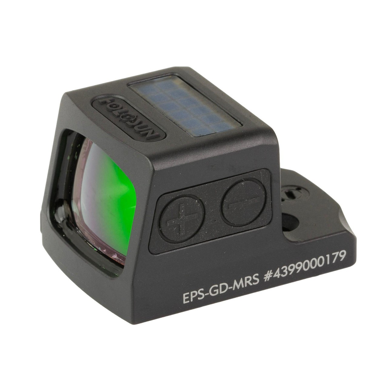Holosun Technologies Holosun EPS-GD-MRS Enclosed Optic Sight with Gold Multi-Reticle System for Precision Shooting, close-up of the compact black tactical sight with green reticle and control buttons.