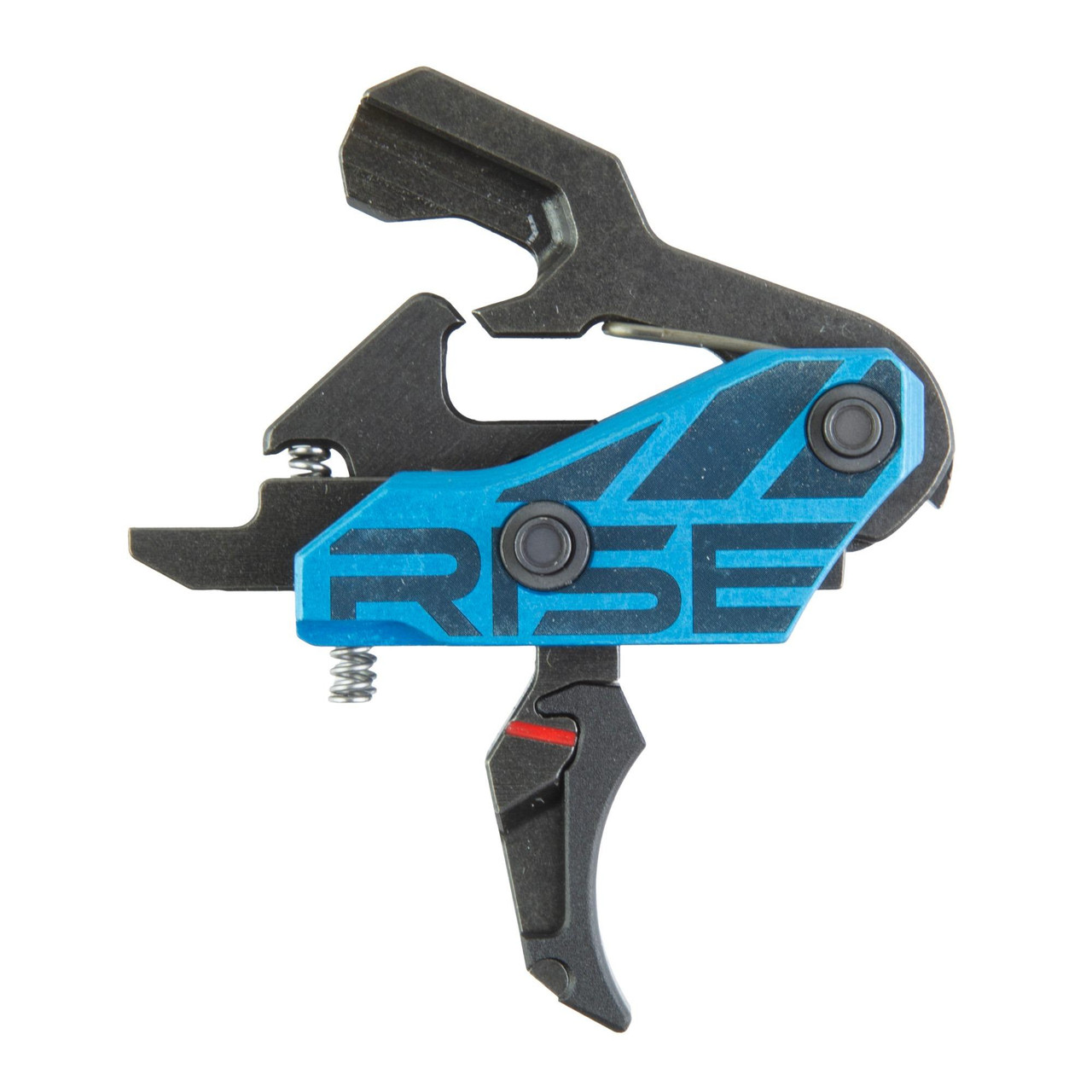 Rise Armament RISE BLITZ DEF G2 BLK/BLK CRVD BLADE, close-up of the black and blue rifle trigger and blade assembly.
